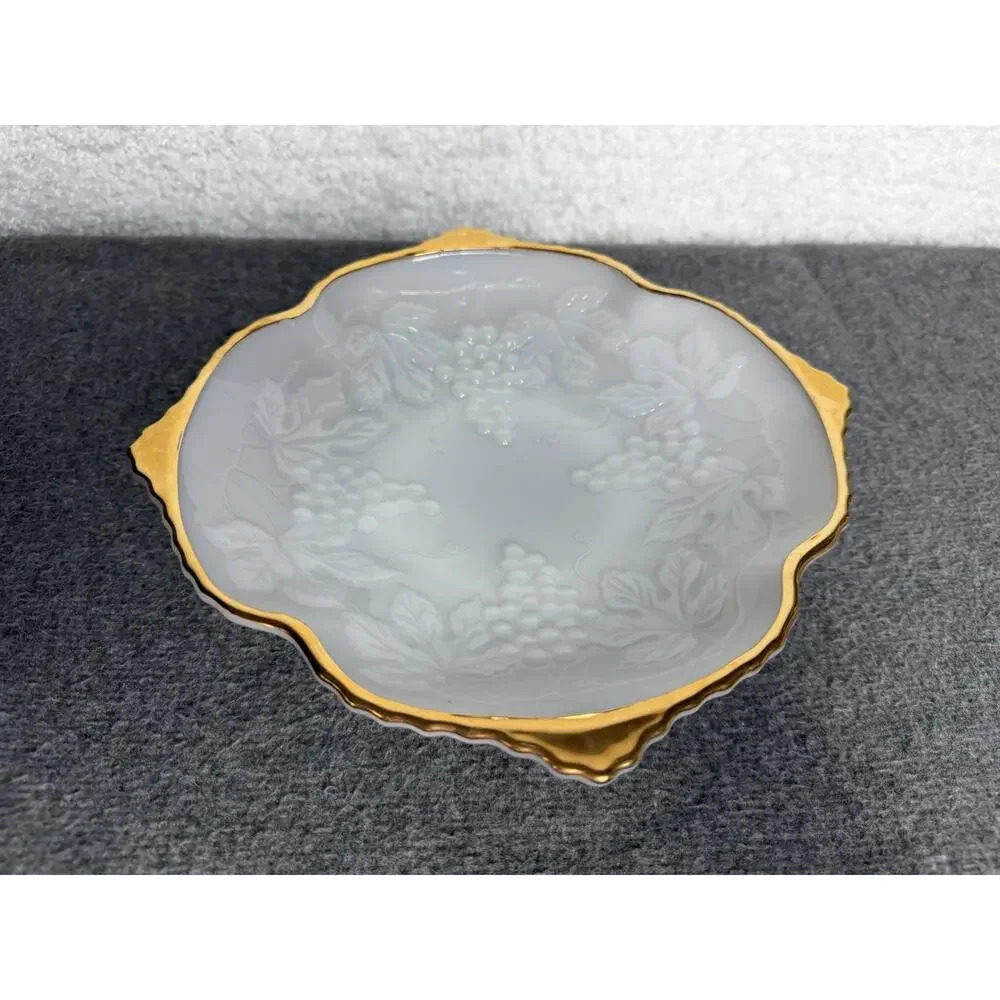 Anchor Hocking White Milk Glass Dish Bowl Embossed Grapes w/Gold Trim - See Chip
